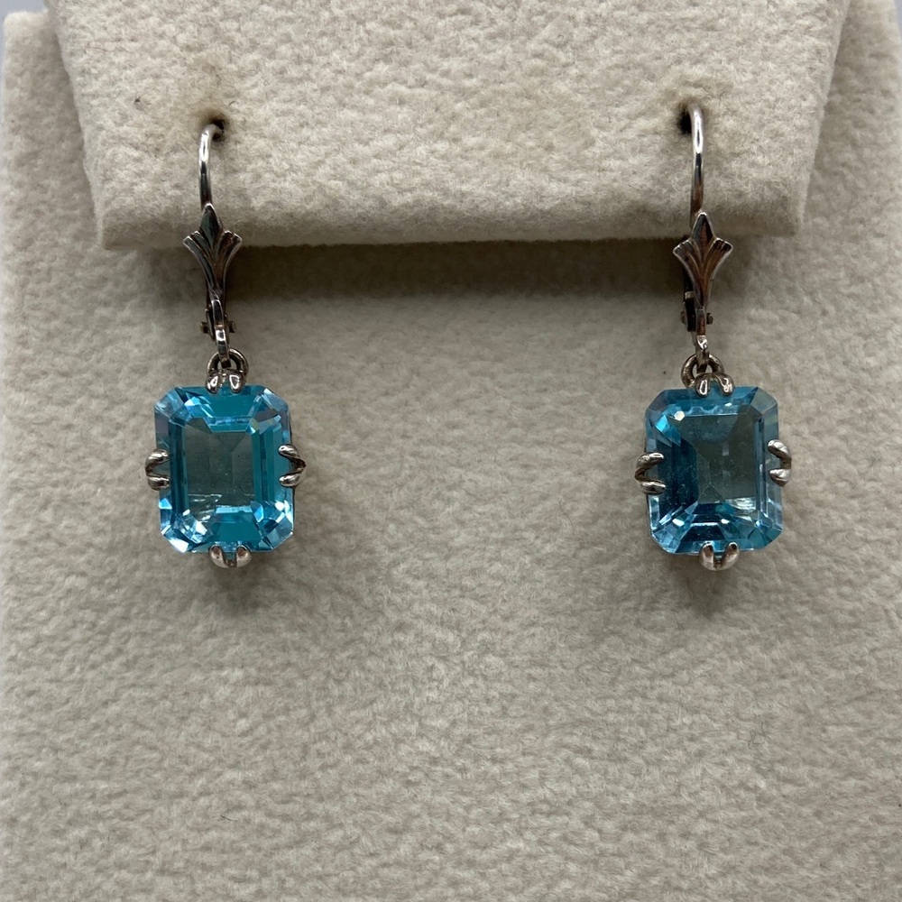 Vintage Sterling Silver 925 Blue Topaz Emerald Cut Lever Back Earrings
